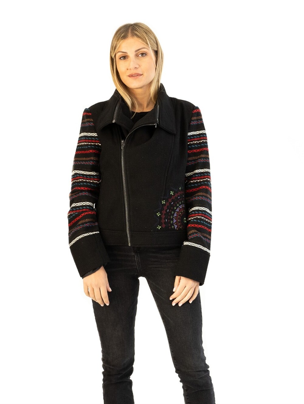 Desigual embroidered wool moto jacket black mandala boho biker women's size 40